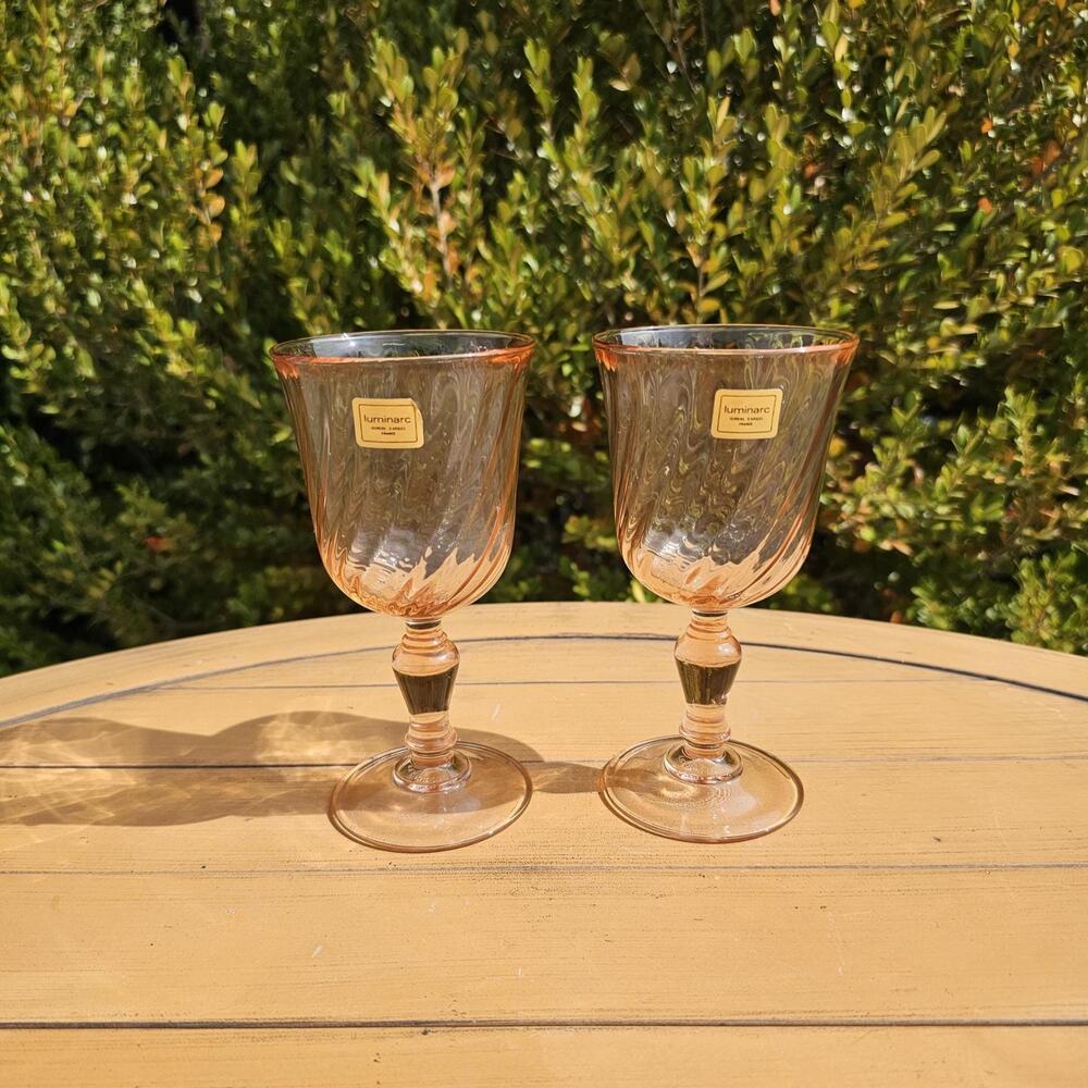 Vintage Cristal D'Arques Rosaline Pink Optic Swirl Set of 2 Wine Glasses